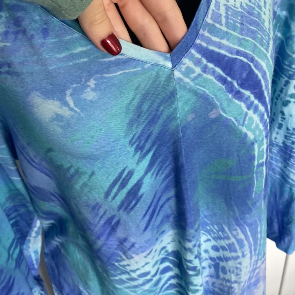 Chico’s 2 Large Blue Tie Dye Patterned Long Sleeve Shirt V-Neck Tunic Top - Picture 3 of 7